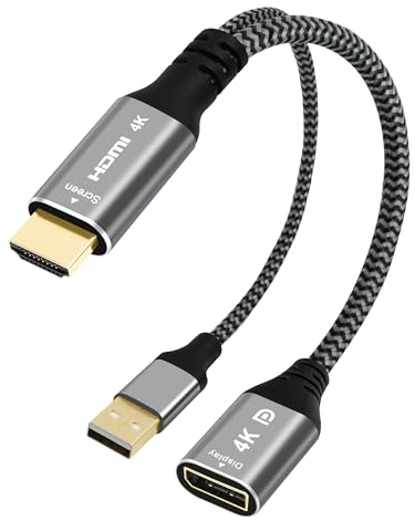 4K HDMI to DisplayPort Adapter with USB Powered, Uni-Directional HDMI Male (Source) to DP Female (Screen), 4K@60Hz, Nylon Braided Converter Connector, Compatible with Xbox One, PS4, PS5, AMD - 0.6 FT