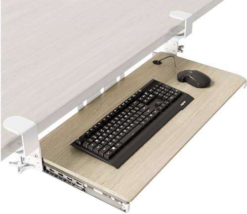 Tangentbordsbricka under skrivbord utdragbar med extra robust C-klämmonteringssystem, 694 (838 mm inklusive klämmor) x 300 mm utskjutbar plattform datorlåda för att skriva trä AX01WG01