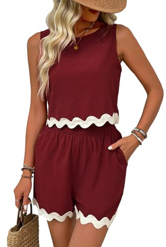 Rayson Conjunto de 2 Piezas Mujer Verano Casual Top Sin Mangas y Cortos con Bolsillos Borde Ondulado Clásico y Versátil(Rojo,M)