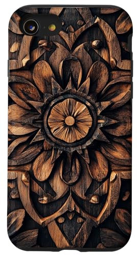 Motif mandala floral en bois finement sculpté Coque pour iPhone SE (2020) / 7 / 8