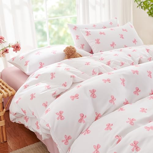 Freyamy Bettwäsche Set 200x220 cm Creme Weiß, Rosa Schleife-Muster Elegantes Bettwäsche, Weich Wende Creme Bettwäsche Set für Mädchen 3-teilig, Bettbezug mit Reißverschluss + 2 Kissenbezüge 80x80 cm