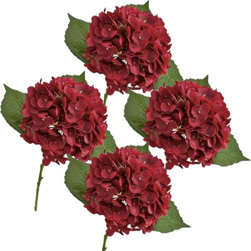 Ortensie Artificiali, 4 Bouquet in Lattice per Decorazioni da Sposa, Ufficio, casa e Feste(Rosso)
