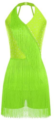 TiaoBug Damen Pailletten Tanzkleid Strassstein Neckholder Latein Kleider Rückenfrei Trikot Body mit Bein Fransen Rock Flapper Eiskunstlauf Kleid