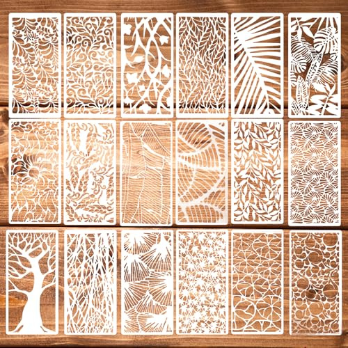 18Pcs Stencils for Crafts Painting, Reusable Cake Stencils Decorating Texture Stencil Background Stencil Leaf Floral Tree Templates for Painting on Wood Furniture Card Canvas Paper Scrapbook