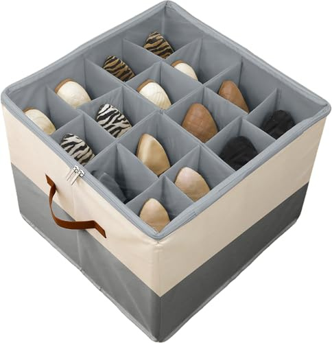 Saklifuo Shoe Storage Box, Fits 16 Pairs, Foldable Shoe Organiser with Clear Zip Cover, Adjustable Dividers & Handles, Space Saver Shoes Holder for Closet & Wardrobe