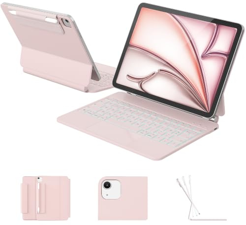 RAYMCRAFT Clavier pour iPad Air 11 Pouces (M4/M3/M2) & iPad Pro 11 Pouces (1re/2e/3e/4e Gén), Magic Keyboard pour iPad Air 5e/4e, Rétroéclairage 11 Couleurs, Smart Trackpad, Boucle pour Stylet, Rose