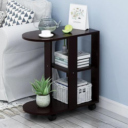 Rainbow Tree C Shaped Side Table with Wheels for Living Room, Mobile Sofa Side End Tables, Portable Snack Coffee Table Bedside Tables for Bedroom (Dark Walnut Round Rectangle)