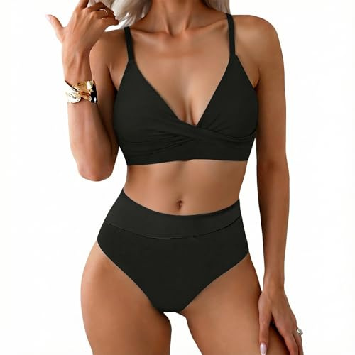 SNUOEN Bikinis dam magreducerande hög midja V-ringning push up sexig vadderad baddräkt dam 2 delar, svart, XXL
