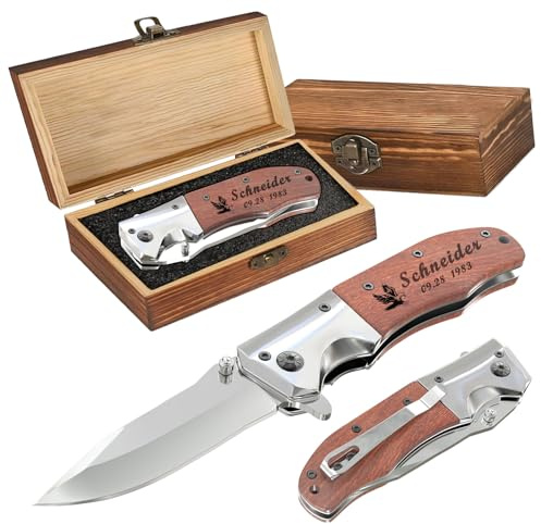 PolyYL Personalisiertes Klappmesser aus Edelstahl mit Einem Holzgriff, Als Geschenk für Männer, Vatertag, Geburtstag oder Weihnachte (Red Wood)