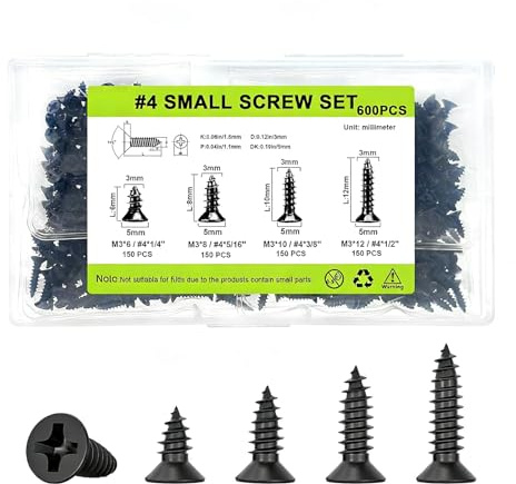 600 Pcs Self Tapping Screws Metal, M3 Black Cross Wood Screws Assortment, Flat Head Small Screws, Suitable for Furniture, Door Handle, Woodworking, DIY Model Fixing(6mm,8mm,10mm,12mm)