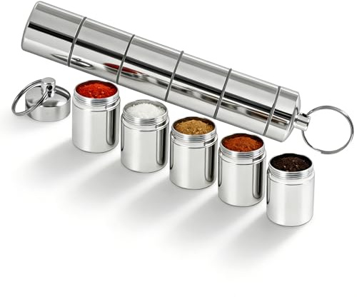 Set de condiments de camping 5-en-1, mini salière mini pour voyage, boîtes à épices portables en alliage d'aluminium pour voyage, maison, plein air, pique-nique, cuisine, cuisson, steak, barbecue