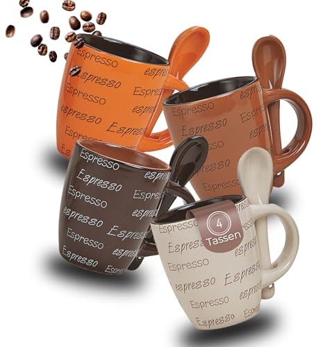 Espresso-Tassen 4er Set mit Löffel - dickwandige 50 ml Keramik Mokka Henkel Kaffee-Tassen