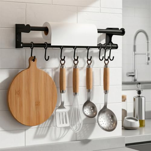 HSUYUN 50 cm Colgador Utensilios Cocina con Soporte para Rollo Papel, Negro
