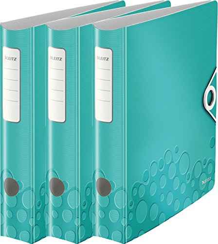 Leitz Aktenordner, A4, elastischer Verschluss, leichter Polyschaum, WOW Reihe, Metallic Ice Blue, 3er Ordner | schmal