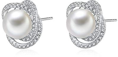Immobird Boucles d'oreilles Femmes en Perles 8mm Fleur Argent Sterling 925 avec Zirconium Clous d'oreilles Fille pour Cadeau