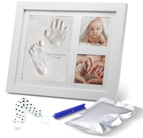 Atlants Marco de Huellas para Bebé, kit de arcilla segura y antigrietas, manos y pies, madera blanca premium, incluye rodillo, recuerdo original, regalo baby shower y mascotas