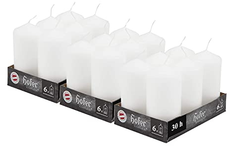 Hofer Lot de 18 Bougies Piliers Blanches - 6 X 12 cm - Longue Durée 39 Heures - Non Parfumées - Petit Bougie Décorative Non Toxique - Mariage, Noël