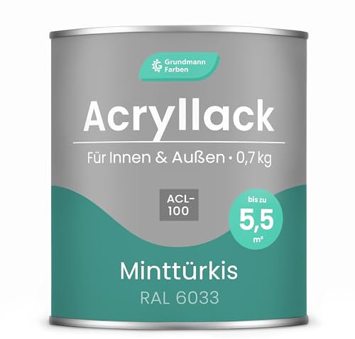 Grundmann Acryllack ACL 100 - Türkis Petrol 0,7 Kg - 4in1 Lack inkl. Grundierung - Innen und Außen - Für Holz, Metall, Stein & Kunststoff - Minttürkis RAL 6033