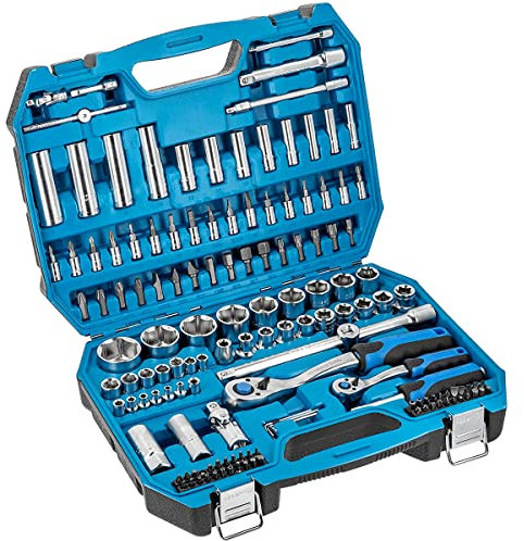 Högert Technik - Cassetta Attrezzi, Set Attrezzi, Valigetta Attrezzi, Kit Utensili, Kit Attrezzi, Chiavi a Bussola, Punte e Accessori 1/4” e 1/2”, Acciaio Cr-V - HT1R440, 144 Pezzi