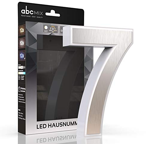 abcMIX LED Hausnummer, personalisierbare beleuchtete Hausnummer, Hausnummernleuchte mit LED - Hausnummer 7, Farbe EDELSTAHL, Lichtfarbeneinstellung, Dimmbarkeit