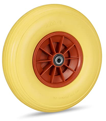 Lot de 2 Roues de brouette Caoutchouc 4.00-6, de Rechange axe, increvable, essieu, 3 adaptateurs, 100 kg, Jaune/Rouge