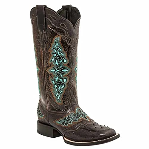 Western - Stivali da donna, vintage, Chunky Heel Cowgirl Cowboy a metà polpaccio con punta quadrata, in pelle ricamata, stivali da equitazione