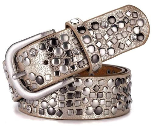 Jungerhouse Damen Nietengürtel Vintage Nieten Gürtel Kunstleder Strass Gürtel Belt Gürtelschnalle Damengürtel Ledergürtel für Jeans Hosen (Gold,Einheitsgröße)