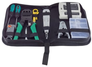 10-tlg. Netzwerk-Werkzeugset mit Tasche - RJ-45/12/10 Crimpzange, LAN-Tester mit Sweep Mode, LSA-Werkzeug, Schraubendreher, Kabelbinder, für Heimnetzwerke und SOHO