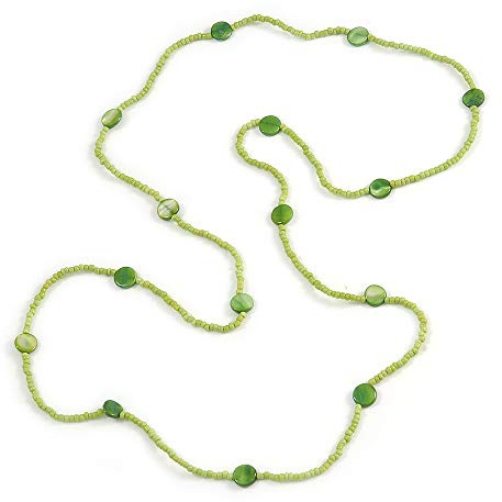 Avalaya Långt delikat limegrönt glas och skal pärlhalsband smycken/110 cm långt