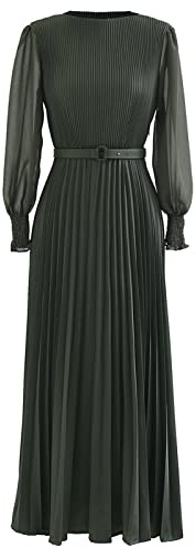 CHICWISH Women's Lilac/Yellow/Dark Green/Tan Full Pleated Belted Maxi Dress
