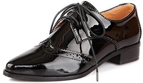 Lizoleor Zapatos Oxford Mujer Tacon Ancho Medio Puntiagudos Zapatos Brogue Cordones Business Oficina Retro Casuales Clasico Charol Zapatos Negro Talla 40 EU/41CN