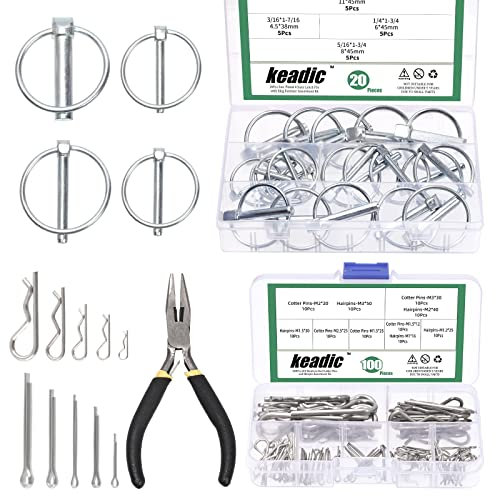 Keadic 121 Pcs Zinc Plated Shaft Locking Pin and 304 Stainless Steel Cotter Pin Assortment Set with Pliers, Round Loop Wire Lock Pin Hitch Pin R Clips for Boat Bike Farm Tractors Trailers Trucks Mower