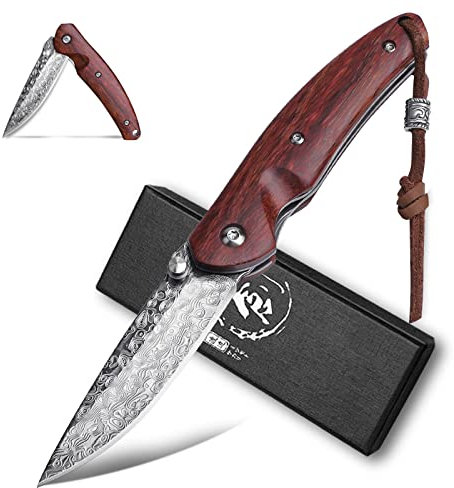 Golden Bird Mini Klappmesser, EDC Messer Überlebensmesser mit VG10 Stahlkern, 7.8cm Geschmiedeter Klinge, Messer mit Holzgriff, Taschenmesser Outdoor mit Lanyard, Damastmuster