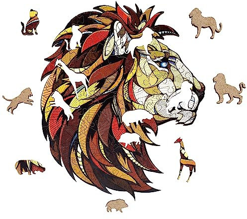 EWA Eco-Wood-Art Lion M Wooden Box Coloured Wooden Puzzle for Teenagers and Adults DIY Construction Kit, Self-Assembly, No Glue Required, 100 Pieces, Multicoloured
