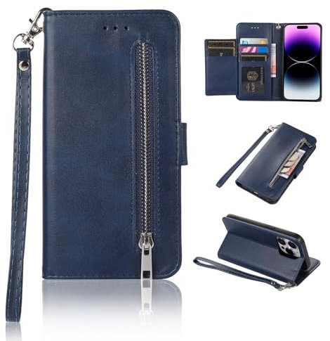 EYZUTAK Wallet Case Compatible with iPhone 14 Pro, 5 Card Slots Magnetic Closure Zipper Pocket Handbag PU Leather Flip Case with Wrist Strap TPU Protective Phone Case Kickstand Cover - Blue