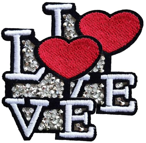 Rhinestone Love Patch, 2PCS Cute Love You Red Heart Iron On Patch, Decorative Applique Patch DIY Sticker Accessories for Clothes Jacket Bags Backpacks