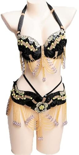JRUIA Bauchtänzerin Kostüme Für Damen Stammes Bauchtanz BH Und Gürtel Sexy Bauchtanz Professioneller Tanzanzug Karneval BH Gürtel (2 Stück),Schwarz,M