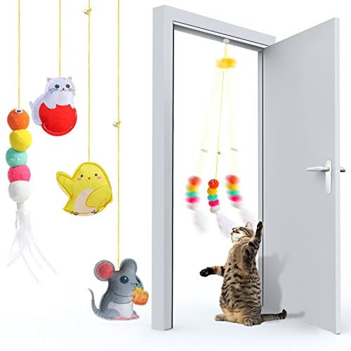 SLE Katzenspielzeug für Innenkatzen, Kätzchenspielzeug 4Pack Katzentrainingsspielzeug, hängendes Türsprungkatzenspielzeug mit Federn, Interaktives Dancer Katzenspielzeug Mäuse (4PCS)