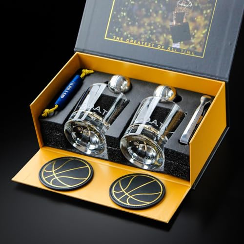 NobleSip Ensemble de verres à whisky design basket-ball Kit de bar haut de gamme : 2 verres, 2 boules de refroidissement en acier inoxydable, 2 sous-verres. Parfait pour le whisky, le bourbon, le