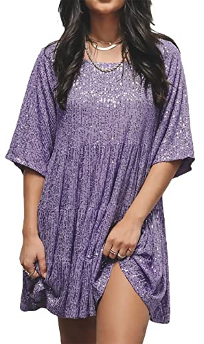 FeMereina Kurzärmeliges Minikleider für Damen, glitzernde Pailletten, locker, lässig, glitzernd, Tunika, T-Shirt, Kleid, gestuft, Club, Disco, Tanz, Minikleider, violett, M
