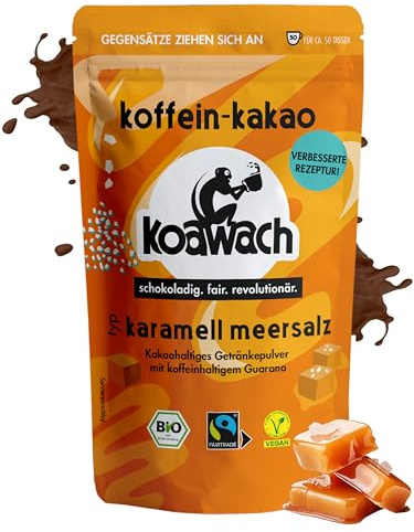 koawach – Kakaopulver Karamell Meersalz Getränkepulver 500 g – Bio-Trinkschokolade mit Koffein aus Guarana & Salted Caramel – vegan & Fairtrade – schokoladiger Energie-Kakao für heiße & kalte Drinks