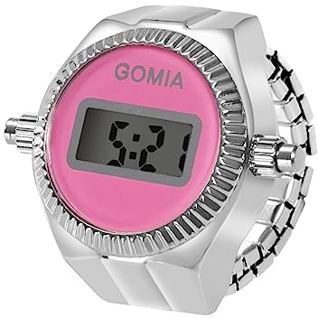 JewelryWe Ringklocka, fingerklocka, dam digital klocka – silver, rund, digital elastisk rostfritt stål, ring, klocka, kvinnor, fingerringklocka, klockring med kalender, stoppur och rosa urtavla,