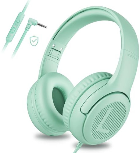 awatrue Casque Audio Enfant, Casque Enfant Filaire avec Volume Limité 85/94db, Fil 3.5 Mm, Pliable, Partager l’Audio, Micro Integré pour Ipad/Voyage/Tablette/Téléphone, Vert