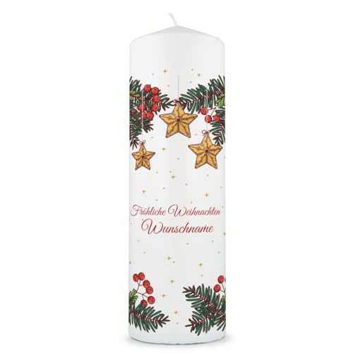 GRAVURZEILE Bedruckte Weihnachtskerze - Christmas Stars - Personalisiert mit Namen & Wunschtext - Tisch Dekoration zu Weihnachten - Geschenk zu Weihnachten für Sie & Ihn - 250/80 mm Stumpenkerze