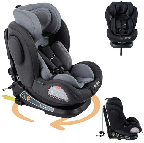 FableKids Kinderautositz mit Isofix | 360° drehbar | Autokindersitz | Autositz | Kindersitz i-Size 40-150cm | 5-Punkt-Sicherheitsgurt | 8-fach einstellbare Kopfstütze ECE R129/03 | Grau