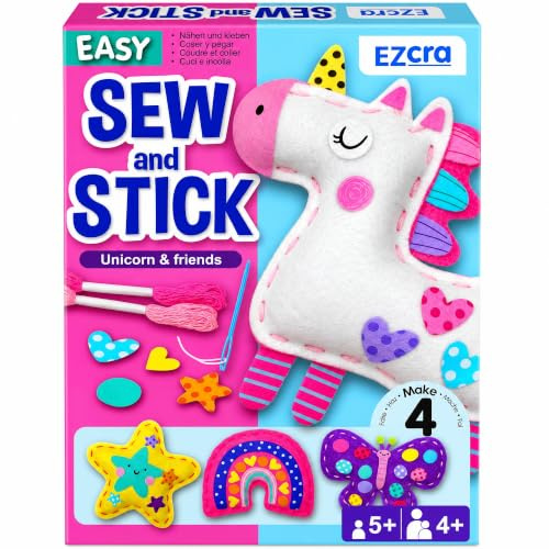 EZCRA Unicorn Sewing Kit for Kids Ages 4-8, 4 Easy Projects, No-Mess Learn-to-Sew Arts & Crafts with Felt Stickers for Beginners