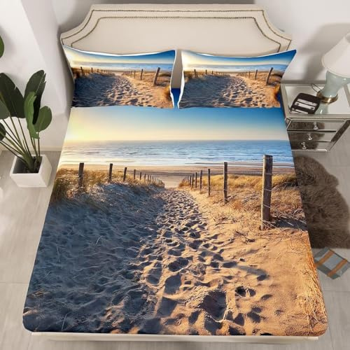 3D Spannbettlaken 120x200 Blick Auf Den Strand Und Das Meer Bettlaken Weiches Spannbetttücher Blick Auf Den Strand Mikrofaser Spannbetttuch Tiefe Tasche 30 cm Mit 2 Kissenbezügen 80x80 cm qq3652