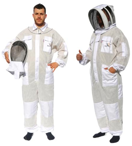 Best Bee Ventilerad och andningsbar biodlardräkt, extra hög kvalitet, tjockt tyg i 3 lager, robust dragkedja, avtagbar huva, verktygsfickor, XXL luftig biodlingsklädsel