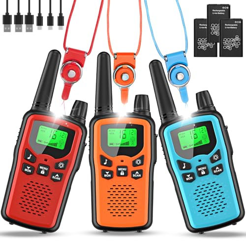 Walkie Talkie 3er Set Kinder Aufladbar, Rabigala Funkgeräte mit 5km großer Reichweite für Erwachsene, Li-ion Akku, VOX Freisprecheinrichtung, Taschenlampe LED, LCD