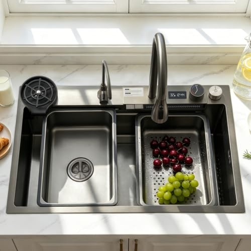 DSMRLEOP - Lavello da cucina nero a cascata, 85 x 45 cm, vasca singola in acciaio inox, rettangolare, sifone, troppopieno e scarico, multifunzione, moderno lavello a cascata con set di accessori